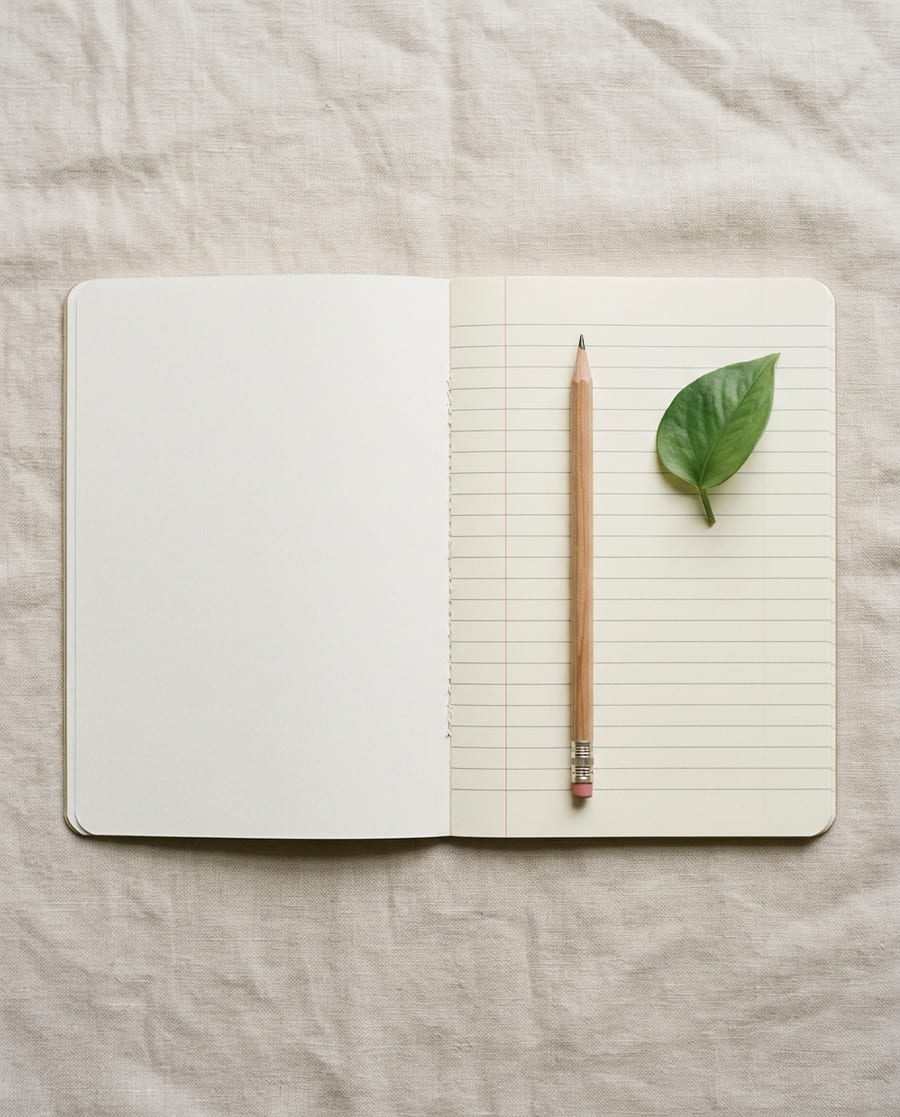 Image générée d’exemple : un carnet ouvert, un crayon et une feuille verte sur du lin
