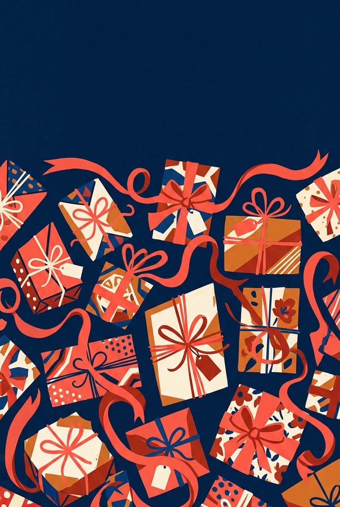 Couverture illustrée d’exemple : paquets cadeaux et rubans corail sur fond bleu nuit